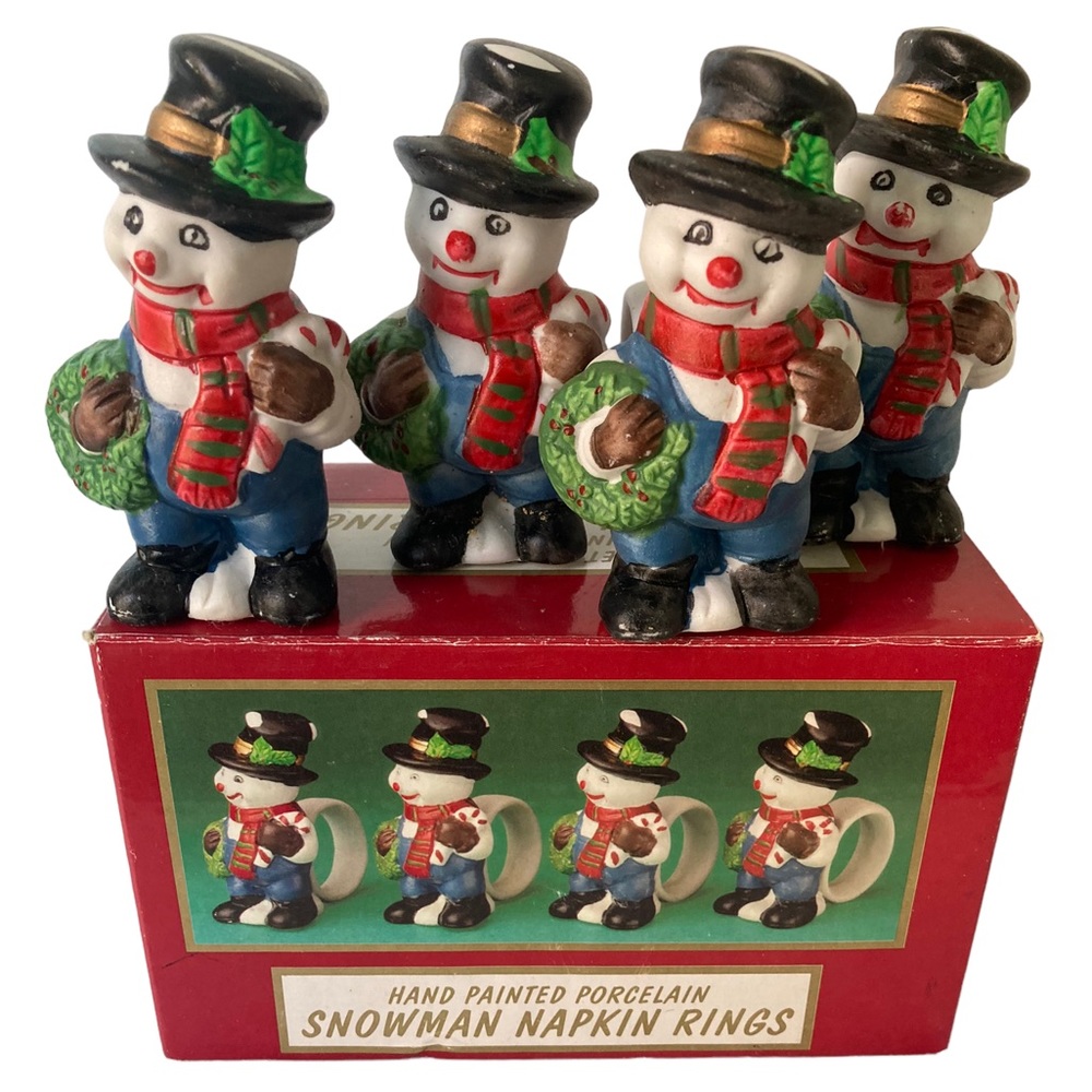Set of 4 Hand Painted Porcelain Snowman Napkin Rings World Bazaars with Box